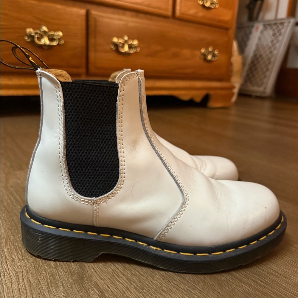 Dr. Martens White Leather Chelsea Boots with Black Elastic
